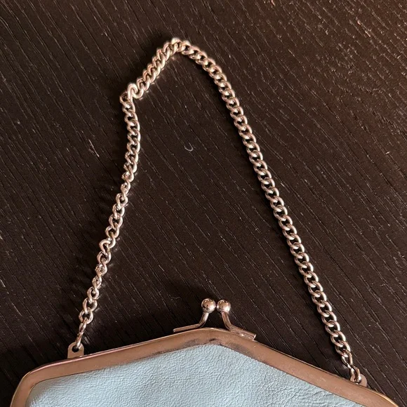 Women’s Elegant Sky Blue Leather Mini Bag. Chain strap. Ball snap clasp. - Picture 3 of 5